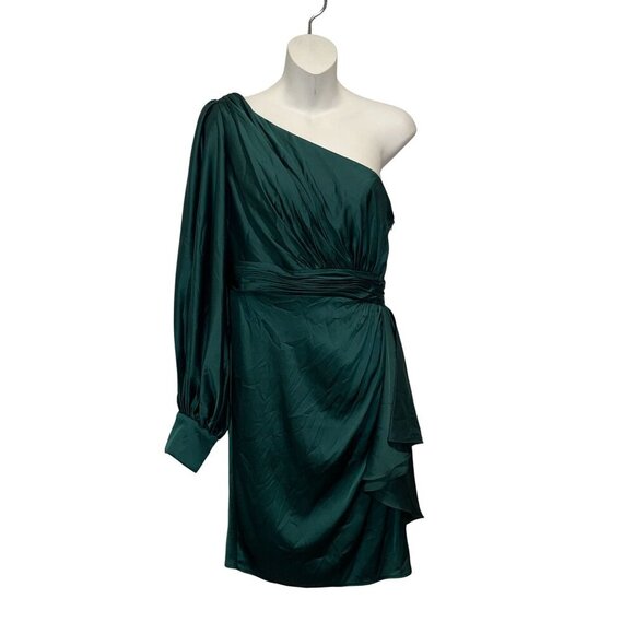 LEENA For Mac Duggal Emerald One-Shoulder Satin Ruffle Cocktail Dress Size 6 Wom - Picture 2 of 9